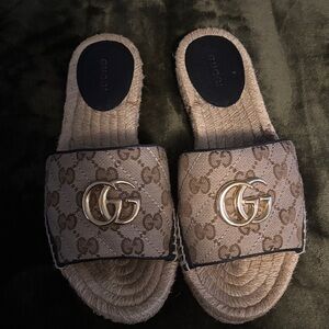 Gucci Beige and Brown Monogram Slide Sandals. Comes with box & dust bag
